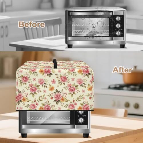 Image of Microwave Oven Cover Protective Kitchen Appliance Dustproof Cover Stain-Resistant Air Fryer Toaster Oven Protector Countertop Decorations, L, Pink Rose Beige