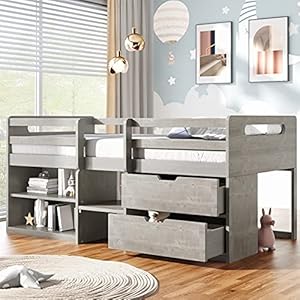 Harper Bright Designs Twin Loft Bed with Storage Wooden Low Loft Bed with Two Shelves and Two Drawers for Kids Teens Girls Boys Antique Gray