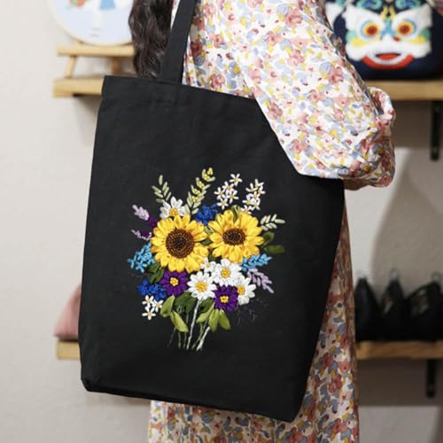 Image of Canvas Tote Bag Silk Ribbon Embroidery Kit for Beginners, Arts and DIY Crafts Kits with Pattern for Adults, Include Stamped Flower Pattern, Hoop, Color Silk Ribbons and Tool (Black Bag, Sunflower)