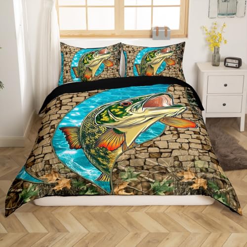 jejeloiu Big Bass Fish Bedding Set Rustic Farmhouse Duvet Cover Set for Kids Boys Girls Ocean Sea Animal Comforter Cover Underwater Animals Quilt Cover Bedroom Collection 2Pcs Toddler,No Comforter