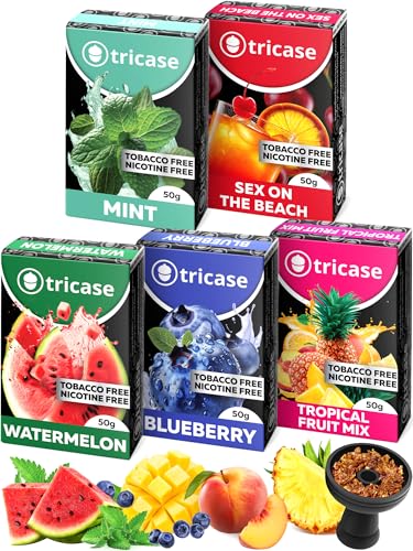 5 pcs Shisha Hookah Favors Bundle 1.7 oz Each - Sex on the Beach, Tropical Fruit Mix, Watermelon, Blueberry, Mint - Hookah Flavors Nicotine Free made from Tea Leaves with Organic Shisha Hookah Flavors