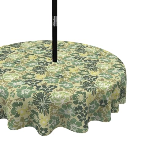 LVTXIII Outdoor/Indoor Round Tablecloth, Patio Water-Repellent Table Covers with Umbrella Hole, Picnic Tablecloths with Zipper for Patio Decoration, 60", Green Rose