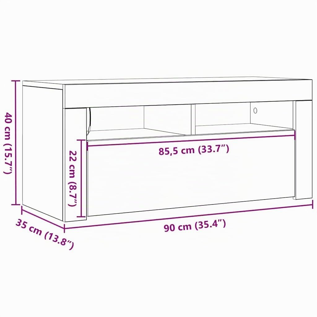 vidaXL Mueble de TV con Luces LED, Blanco, 90x35x40 cm, Madera de ingeniería, Soporte para televisores hasta 40", Mueble bajo con estantes, Consola Moderna para salón