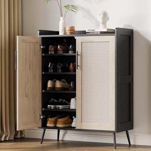Rattan Shoe Cabinet, 5-Tier Shoe Storage Cabinet with Doors, 2 Adjustable Shelves and Heavy Duty Metal Legs, Farmhouse Shoes Organizer for Entryway Hallway Living Room, Black