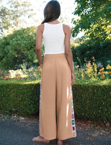 Image of TARSE Womens Wide Leg Linen Pants Summer Casual Drawstring Loose Lounge Palazzo Crochet Panel Pant with Pocket