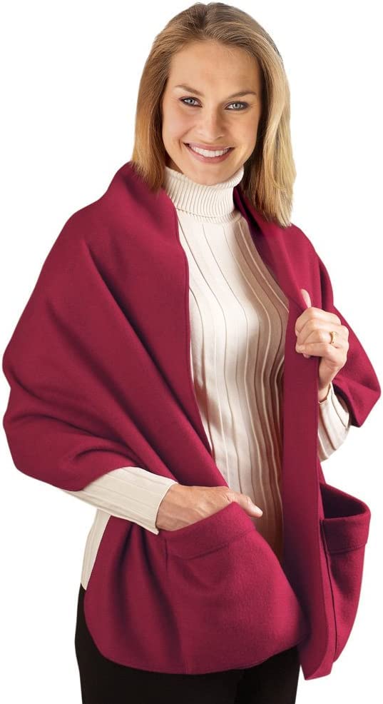 Warm And Cozy Fleece Wrap Shawl With Large Front Pockets - Burgundy2