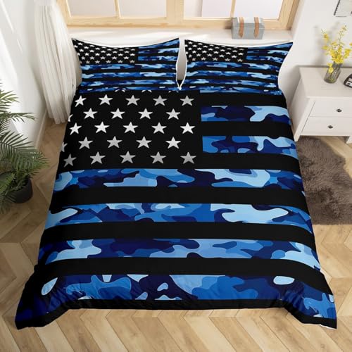 Blue Camo American Flag Duvet Cover Queen for Children,Camouflage Stars Stripes USA Flag Bedding Set Modern Room Gift,Navy Blue Black Comforter Cover with 2 Pillowcases, Ultra Soft Bed Spread