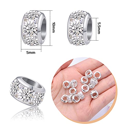 40Pcs 10 Mm Silver European Rhinestone Spacer Beads Brass Large Hole Beads Round Rondelle Loose Charm Beads For Snake Chain Bracelet Necklace Jewelry Making Supplies, Hole: 5.5 Mm #TOP2