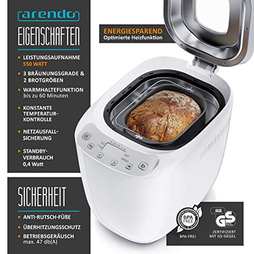 Arendo - Brotbackautomat - Brotbackmaschine 12 Programme - glutenfrei Backen - 700-1000 g - Direktantrieb… – Bild 3