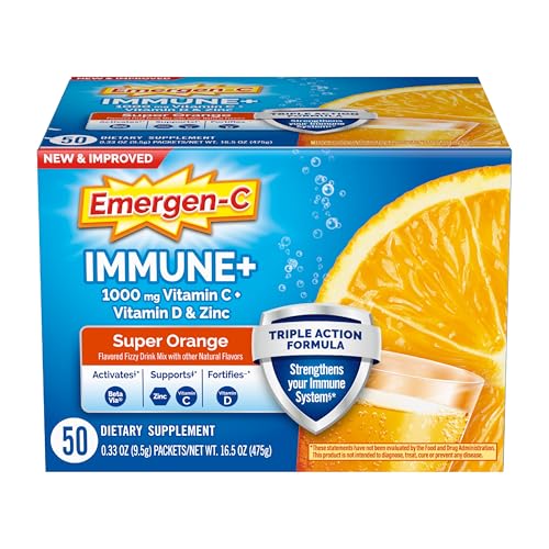 Emergen-C Immune+ Triple Action Immune Support Powder, BetaVia (R), 1000mg Vitamin C, B Vitamins, Vitamin D and Antioxidants, Super Orange, Back to School Essentials – 50 Count