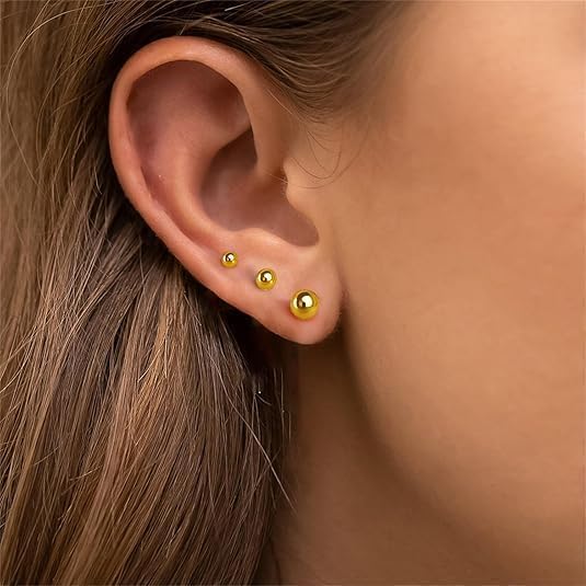 Gold Stud Earrings for Women 14K Gold Ball Stud Earrings Hypoallergenic Earring (3-Pair-Pack) 3MM 4MM 5MM with Butterfly Pushbacks
