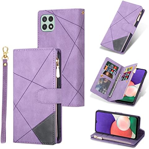 UEEBAI Wallet Case for Samsung Galaxy A22 5G, Retro 9 Card Holder Slots Zipper Pocket Handbag Case PU Leather Magnetic Closure Kickstand with Wrist Strap TPU Shockproof folio Case - Rose Gold