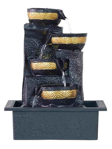 CHRONIKLE Polyresin Tabletop Chocolate Color Designer Indoor 4 Diya Steps Waterfall Fountain for Home Decor with Yellow LED Light & Speed Controller Pump (Size: 38 x 29.5 x 22CM | Wt: 2000grm)