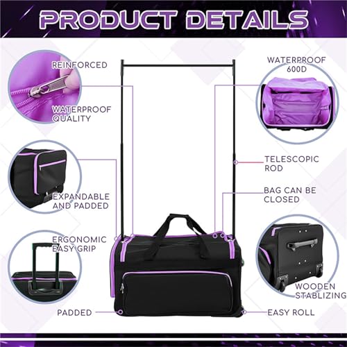 Travel Dance Bag with Garment Rack, Dancers Costume Garment Bag with Wheels, Collapsible Rolling Garment Bags,Purple,28in2