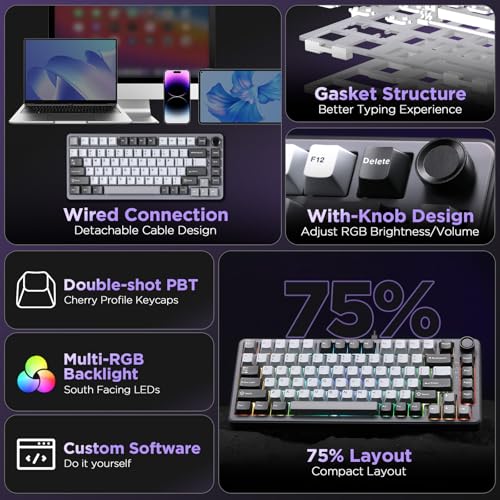 YUNZII B75 Teclado Mecánico,75% Teclado Hot Swappable,Teclado de Juego con Knob,RGB Backlit Gasket Gaming Teclado con Double-Shot PBT Keycaps,Cherry Profile (Dark Grey, Cocoa Cream v2 Switch) - imagen 2