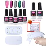 CLAVUZ Gel Nail Polish Set Soak Off Neon Nail Lacquer 5pcs 6W Nail Lamp with Top Base Coat Nail Art Manicure Pedicure 10pcs Remover Wipes Kit