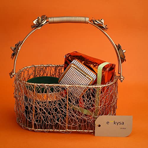 Image of metal meshwire multipurpose hamper Fancy Basket /Tray /Platter with handles for Packing, Gifting, Decoration - Golden (8 * 4 * 4 inch)