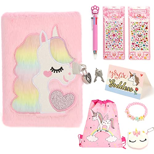 Ifintechno Unicorn Diary For Girls With Lock And Keys,Kids Journal School Travel Notebook Gift Set For Writing & Drawing,Cute Fluffy Secret Diary With Multicolored Pen Gem Stickers Card Purse Bracelet #TOP3