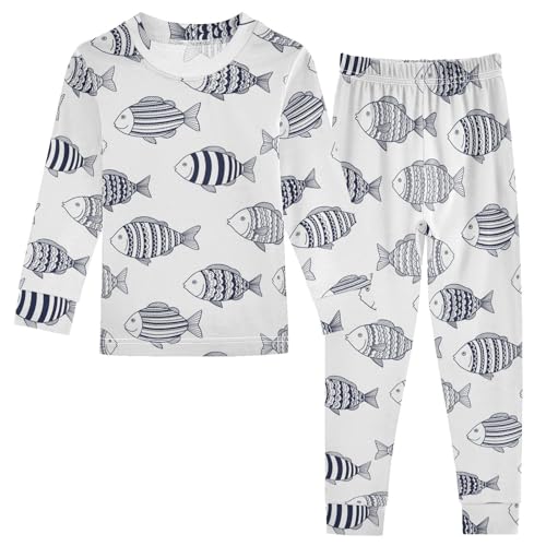 Pajama Sets Long Sleeve Cute Stripe Fish Pattern Soft Comfy Sleepwear 2 Piece PJS 3-8T