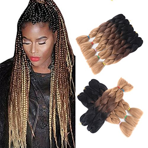 24" 5Pcs/Lot 100g/Pc Ombre Afro Jumbo Braid Hair Extensions High Temperature Kanekalon Synthetic Fiber for Twist Braiding Hair (Black-dark brown-light brown)