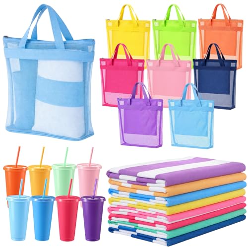 Threan 18 Pack Teacher Appreciation Gift Bulk Beach Pool Party Favors Striped Summer Beach Towels 28 x 59 Inch Large Pool Towels Mesh Tote Bags Plastic Tumblers with Straws Lid