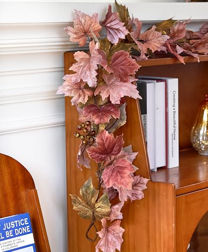 Fall Garland 6ft Maple Leaves Artificial Berry Greenery Wall Hanging Plant Mantel Table Centerpiece Decoration for Wedding Party Home Autumn Thanksgiving Decor
