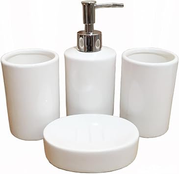 Ceramic Whiter Design Bathroom Accessory Set 4 Pcs Including 1 Toothbrush Holders,1 Gargle Tooth-Brushing Cups,1 Soap Dishes,1 Lotion Dispenser,White,4 pcs