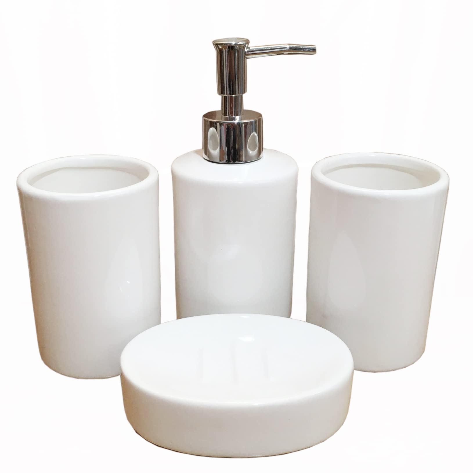 AOPPLSOT Ceramic Whiter Design Bathroom Accessory Set 4 Pcs Including 1 Toothbrush Holders,1 Gargle Tooth-Brushing Cups,1 Soap Dishes,1 Lotion Dispenser,White,4 pcs
