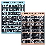 2 Pack Stretching Exercises and Sliding Bench Workout Poster Set - Compatible with Total Gym &...