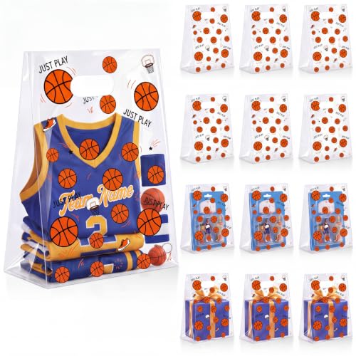 Pasimy 12 Pcs Basketball Theme Plastic Gift Bags with Handles 11.8 x 7.9 x 4.7 Inch Sports Party Favor Wrapping Pouches for Birthday Team Celebrations Small Business Merchandise
