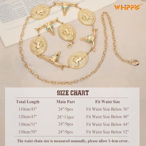 Image of WHIPPY Western Metal Concho Belt for Women Vintage Cowgirl Boho Turquoise Chain Belts for Dresses Jeans