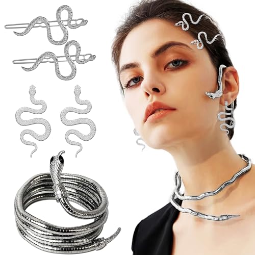 JeVenis Silver Medusa Necklace Hair Clip Earring Snake Ear Cuff Medusa Party Accessories Snake Accessories