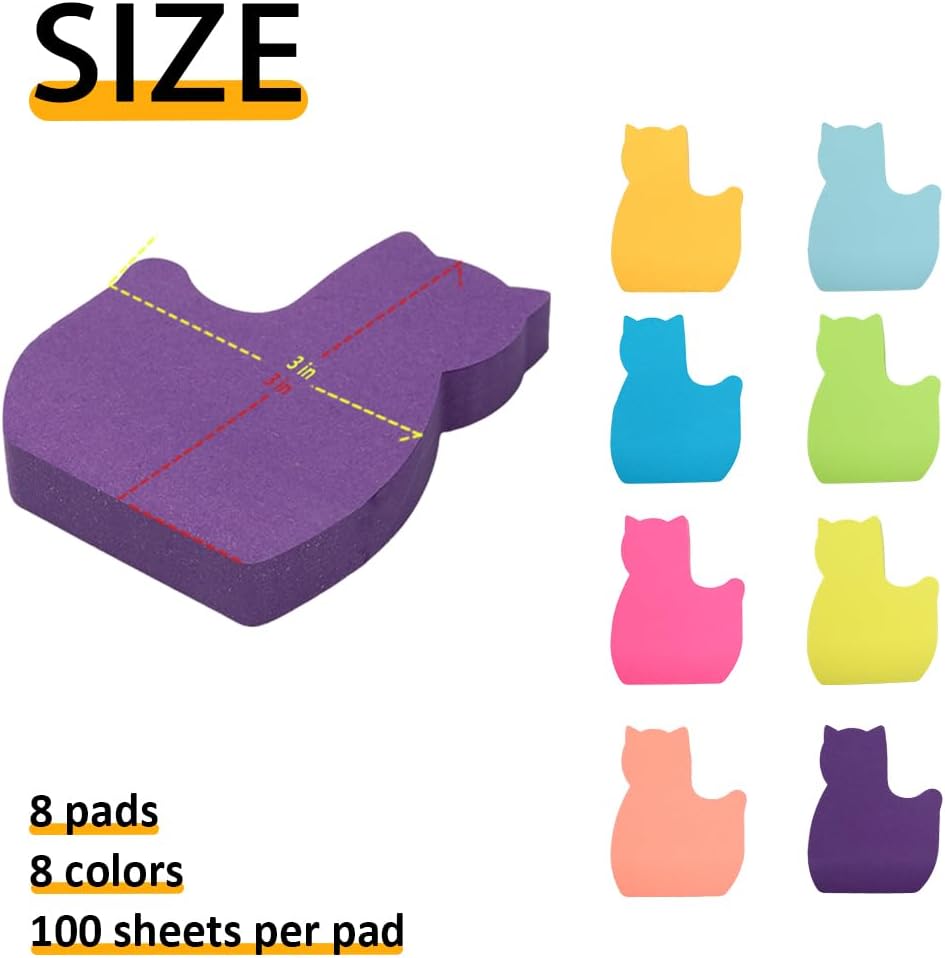 Sticky Notes, Cute Cat Sticky Notes 8 Pads 8 Colors Self-Stick Stickies Funny Note Pads 100 Sheets Teacher Back to School Supplies and Oﬃce Products image 2