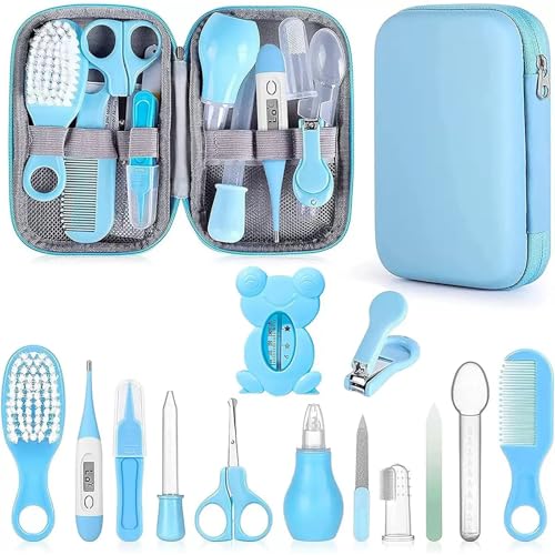 Trousse de soin bébé naissance - trousse de toilette bébé avec 13 accessoires essentiels : brosse à cheveux, thermomètre digital et bain, coupe-ongles,...