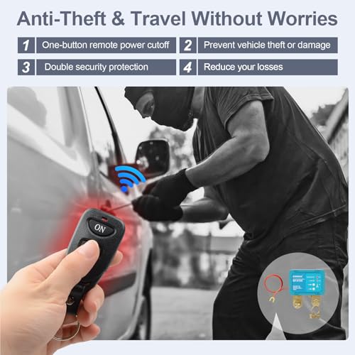 Image of 12V 120A Remote Battery Disconnect Switch | with Fast Charging Car Cigarette Lighter & Voltage Display, Anti-Theft, Battery Leakage Protection,2 Remote Control Keys