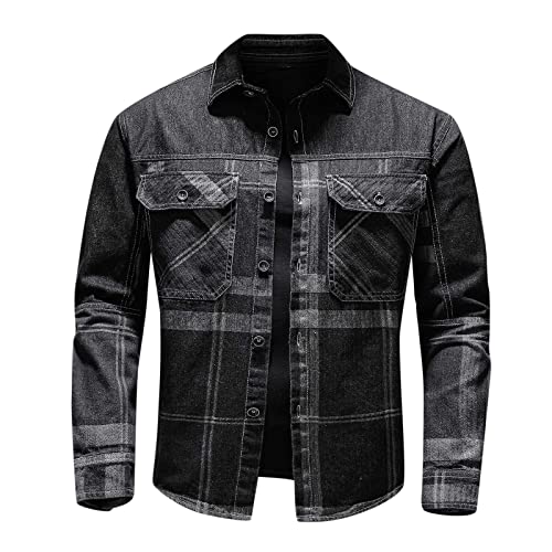tuduoms Big and Tall Jean Jacket for Men L-4XL Fashion Plaid Denim Jacket Casual Retro Distressed Ripped Slim Trucker Jacket