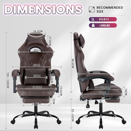 Image of Gaming Chair with Footrest and Massage Lumbar Support, Ergonomic Computer Gamer Chair, Office Video Game Chairs with Adjustable Height and Backrest (Coffee)
