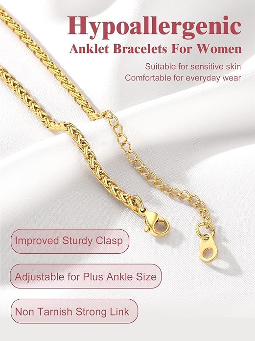 Image of FOCALOOK 14K Gold Plated Anklets for Women Waterproof Plus Size Ankle Bracelet 8.5-10.5 Inch Adjustable Mariner /Figaro /Flat Snake /Cuban Link Chain Anklet Jewelry for Summer Beach Holiday
