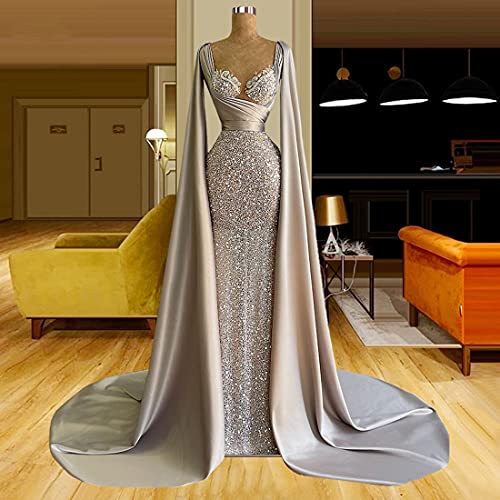 Gray Satin Beaded Mermaid Prom Party Shower Dress Evening Celebrity Pageant Robe Gown for Wedding2