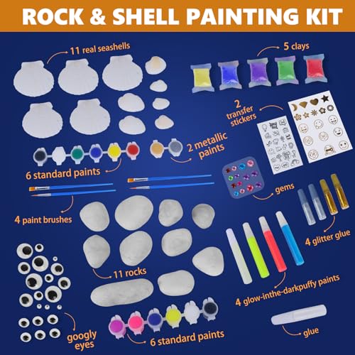 Sea Shell & Rock Painting Kit - 2 Pack 58 Pcs Glow in The Dark Paint Kits, Arts and Crafts for Kids 4-12, Kids Painting Set, DIY Arts & Crafts Toys for Boys Girls Birthday Party Activities Gifts - Image 4