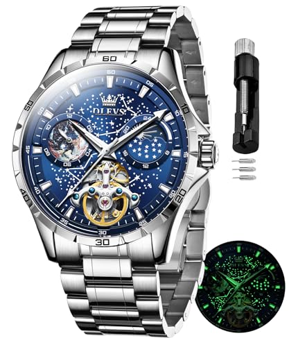OLEVS Mens Automatic Mechanical Watch Skeleton Tourbillon Starry Sky Dial Business Luxury Dress Self Winding Moon Phase Wrist Watches for Men Waterproof Luminous