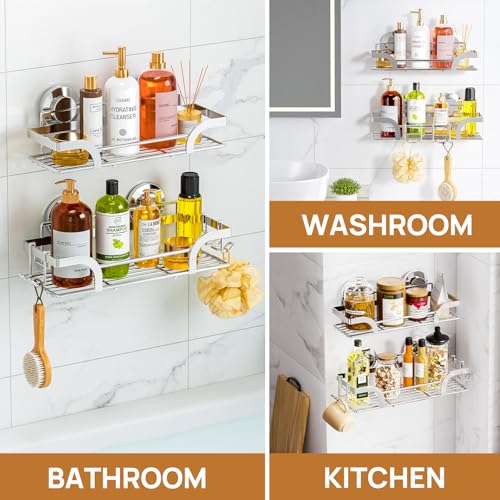 Image of LEVERLOC 2 Pack Shower Caddy Suction Cup, Shower Shelves for Inside, Silver