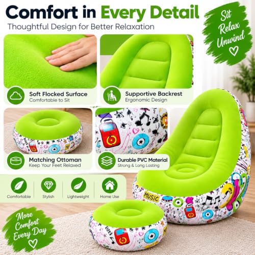 Image of Inflatable Lounge Chair with Matching Ottoman, Single Size, Foldable & Portable Relaxing Chair for Living Room, Bedroom & Home, Lime Green