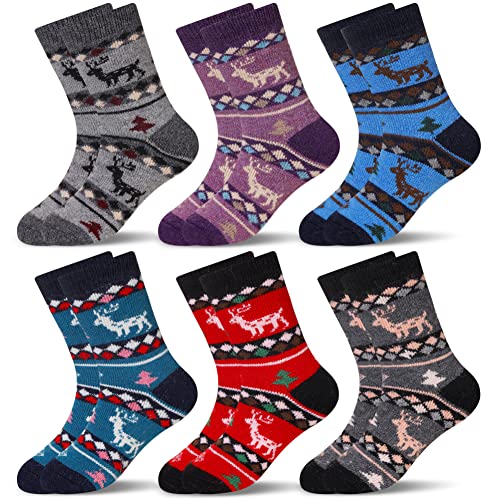 Image of Eocom Kids Wool Socks For Boys Girls Warm Hiking Thermal Winter Cozy Soft Thick Toddlers Crew Boot Socks 6 Pairs