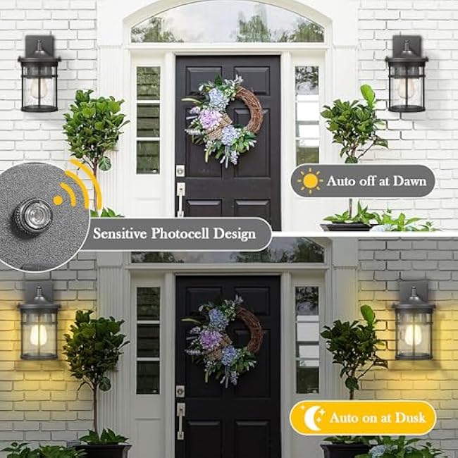 Dusk to Dawn Outdoor Wall Lighting Outdoor Wall Lantern with Sensor Exterior Wall Light Anti-Rust Porch Light Fixtures Wall Mount Waterproof Wall Sconce with Seeded Glass for House Patio Garage