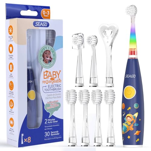Seago cepillo electrico infantil, cepillo de dientes para bebés con luz LED de 8 cabezales, DIY divertidas pegatinas, 60 días de duración, Ideal para niños de 0-6 años, SG-2159,azul marino