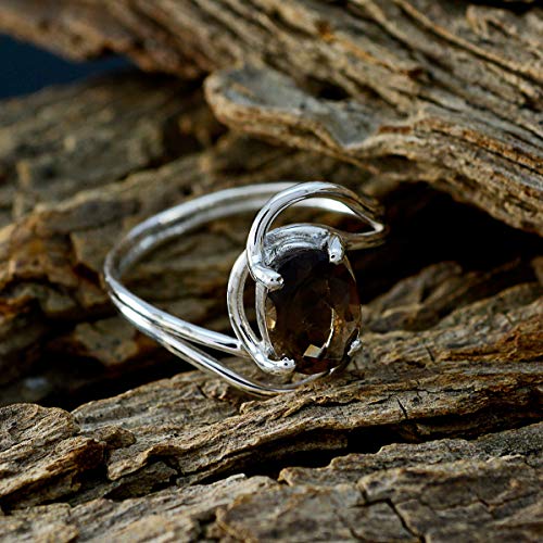 Image of Genuine Gems Oval Shape One Stone Faceted Smoky Quartz rings-Solid Silver Brown Smoky Quartz Ring-January Birth Capricorn Astrology Genuine Gems Ring SRSQUFC-3171-4 us