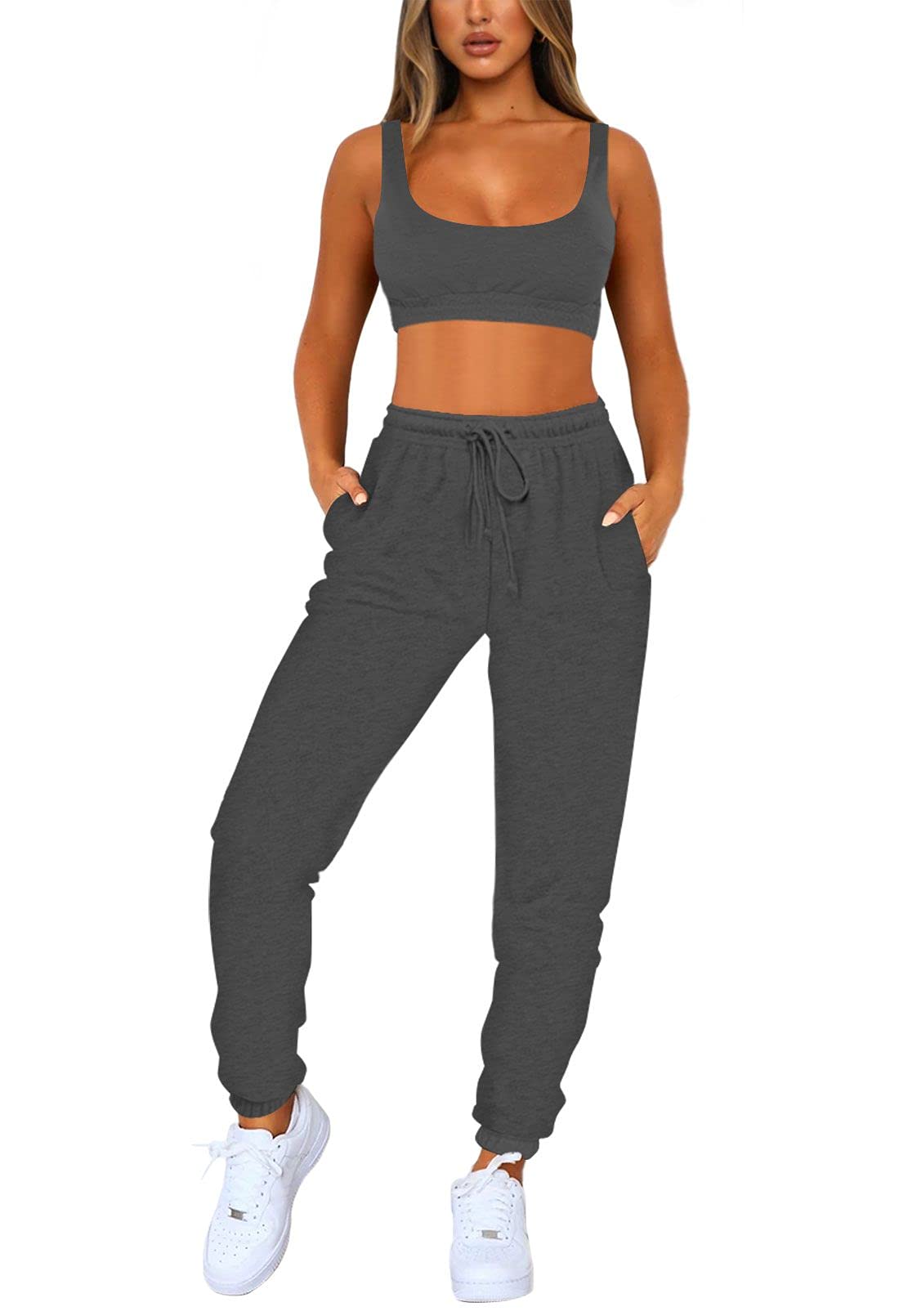 VamJump Women 2 Piece Workout Outfits High Waist Sweatpant and Stretch Sports Bra Yoga Activewear Set,Dark Grey,L