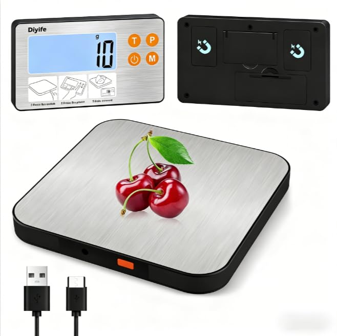 Diyife Rechargeable Balance de Cuisine 15KG avec Affichage Divisé, Balance Alimentaire Numérique, Écran LCD Magnétique, Arrêt Automatique, Fonction Tare,...