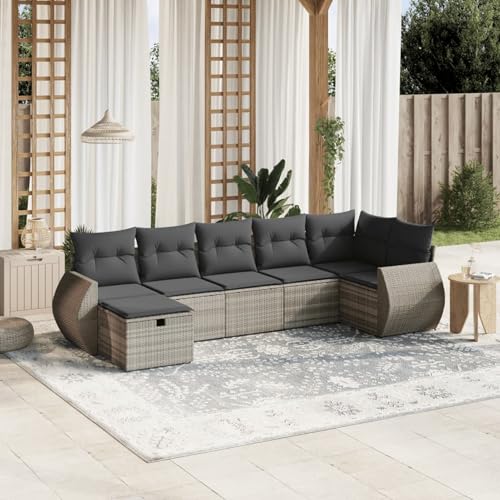 Homgoday Sofa Ratan Sofa Jardin Exterior Rattan Garden Furniture sofá terraza Set de sofás de jardín 7 pzas con Cojines ratán PE Gris Claro con almacenaje
